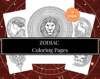 Zodiac Signs Coloring Book for Adults, Astrology Coloring Pages, Celestial Stars and Moon Patterns, Horoscope Gift, Spiritual Stress Relief
