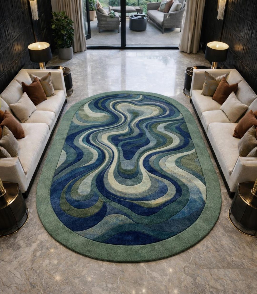 Hand Tufted Wool Area Rug – Abstract Blue & Green Oval Shape Living ...