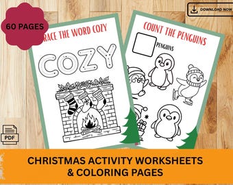 Christmas Activity And Coloring Pages for Kids, Worksheet Bundle (PDF)