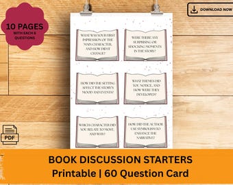 Book Discussion Starters Printable PDF: 60 Question Cards for Book Club Meeting or Literature Lesson, Book Lover Activity