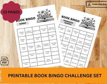 12 Printable Book Bingo Challenges Set: Reading Journal Pages or Book Club Games (PDF)