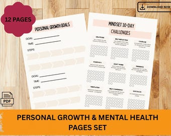 Mental Health Journal Pages Printable: Self-Care & Growth, 30-day challenge and more (12 Pages)(PDF)