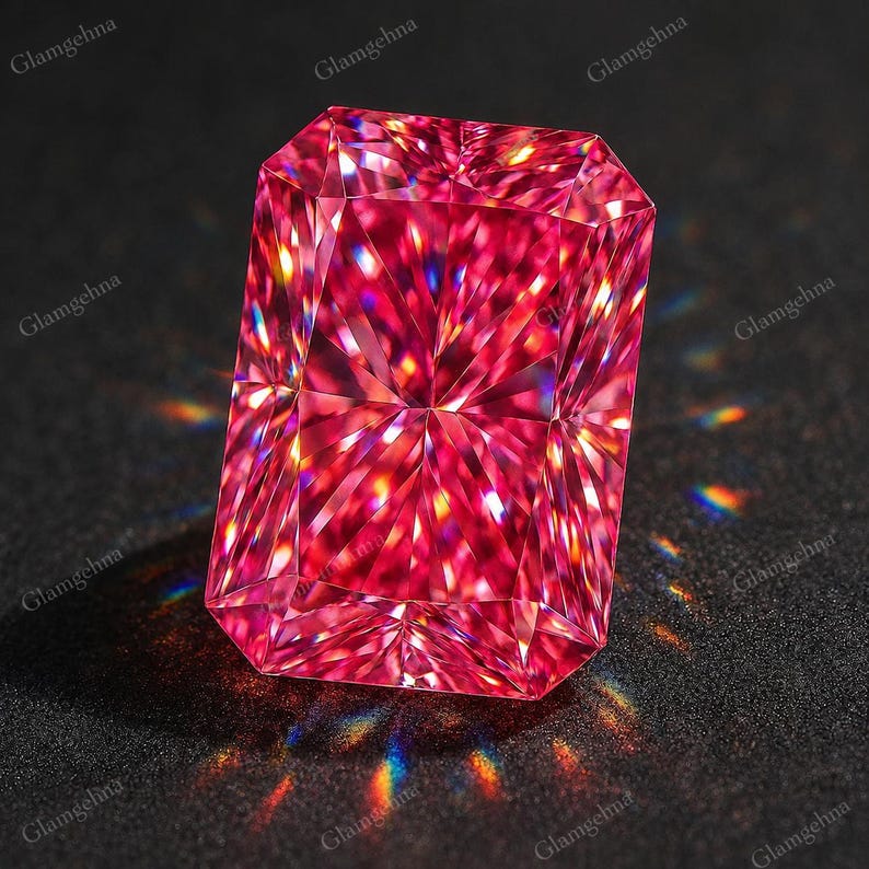 May include: A vibrant, rectangular-cut, pink gemstone. The gem is intricately faceted, creating a stunning display of light and colour. The gemstone is set against a dark backdrop, accentuating its brilliance and sparkle.
