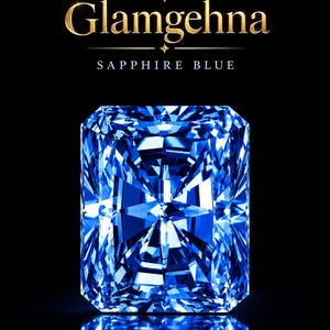 Könnte beinhalten: Ein saphirblauer Edelstein im Radiant-Schliff mit scharfen Facetten und intensiver blauer Farbe. Über dem Edelstein steht in goldener Schrift Glamgehna und SAPPHIRE BLUE, begleitet von einem goldenen Diamantsymbol auf schwarzem Hintergrund.