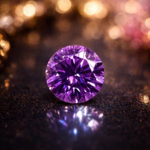 K&ouml;nnte beinhalten: Nahaufnahme eines runden, brillantgeschliffenen, violetten Edelsteins. Der Edelstein liegt auf einer dunklen, reflektierenden Oberfl&auml;che, mit verschwommenen goldenen und rosa Bokeh-Lichtern im Hintergrund.