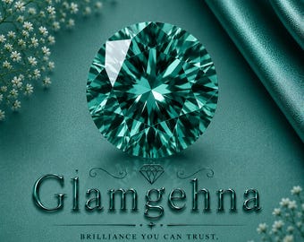 May include: A round, faceted teal gemstone positioned above the text Glamgehna, accompanied by the tagline Brilliance you can trust, beauty you deserve. The composition includes small white flowers and a teal fabric background.