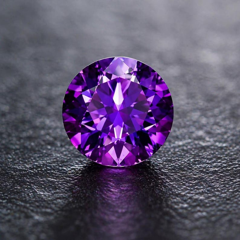 K&ouml;nnte beinhalten: Ein runder, facettierter Amethyst-Edelstein. Der Edelstein hat eine tiefe, lebendige lila Farbe mit mehreren Facetten, die das Licht reflektieren. Der Edelstein liegt vor einem dunklen, strukturierten Hintergrund.