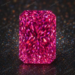 May include: A vivid pink, rectangular-cut gemstone. The facets catch the light, producing a dazzling display of colour and brilliance. The gemstone is set against a dark, speckled background, enhancing its sparkle.
