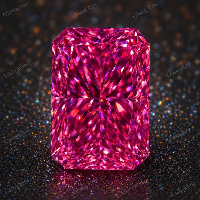 May include: A vivid pink, rectangular-cut gemstone. The facets catch the light, producing a dazzling display of colour and brilliance. The gemstone is set against a dark, speckled background, enhancing its sparkle.