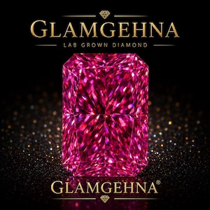 May include: A vibrant, rectangular-cut, lab-grown diamond in pink and magenta hues. The diamond is the central element, set against a black backdrop with the gold text "GLAMGEHNA" and "LAB GROWN DIAMOND". The image has a sparkling effect.