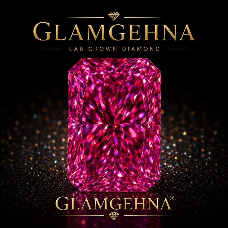 May include: A vibrant, rectangular-cut, lab-grown diamond in pink and magenta hues. The diamond is the central element, set against a black backdrop with the gold text "GLAMGEHNA" and "LAB GROWN DIAMOND". The image has a sparkling effect.