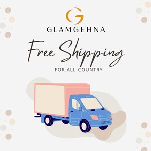 May include: A blue delivery truck with a pink cargo container is depicted in an illustration. The text "GLAMGEHNA" is above the cursive words "Free Shipping", with "FOR ALL COUNTRY" below. The background is light beige with scattered brown and beige circles.