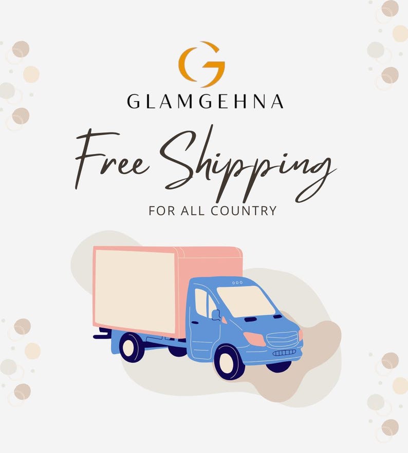 K&ouml;nnte beinhalten: Ein blauer Lieferwagen mit einem rosafarbenen Container. Das Bild enth&auml;lt den Text "GLAMGEHNA" &uuml;ber den Worten "Free Shipping" in Kursivschrift und "FOR ALL COUNTRY" darunter.