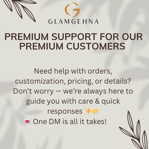 K&ouml;nnte beinhalten: Werbebild f&uuml;r Glamgehna mit dem Text &bdquo;PREMIUM SUPPORT FOR OUR PREMIUM CUSTOMERS&ldquo;. Das Bild enth&auml;lt ein Logo und Text zum Kundenservice, der schnelle Antworten und Unterst&uuml;tzung bei Bestellungen und Anpassungen hervorhebt.