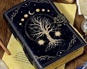 400-page large Tree of Life - Leather Grimoire | Moon Phases blank Spell Book Celestial gift | Grimoire Book of Shadows | VLCLeatherCraft