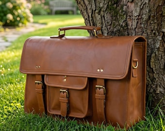 Gepersonaliseerde handgemaakte leren schoudertas voor heren en dames | 16" vintage aktetas voor laptop | Crossbodytas van buffelleer | VLC