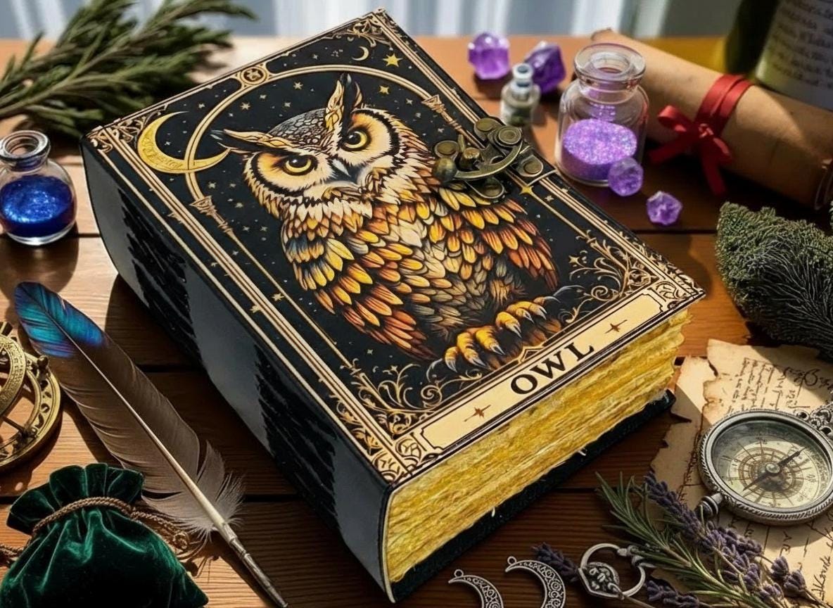 400 Page Owl Grimoire Journal – Blank Book of Shadows | Leather Spell Book of Wisdom | Handmad