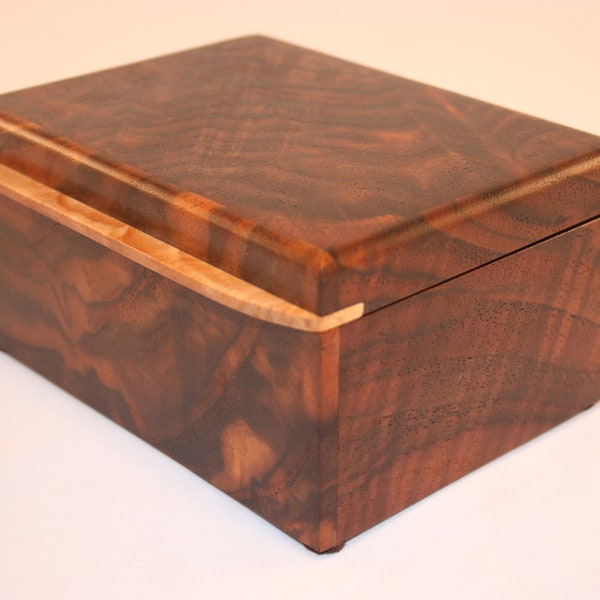 Jewelry box, Watch box, Heirloom box, Keepsake box, Valet Black Walnut Burl, Quilted Maple. (SB0101)