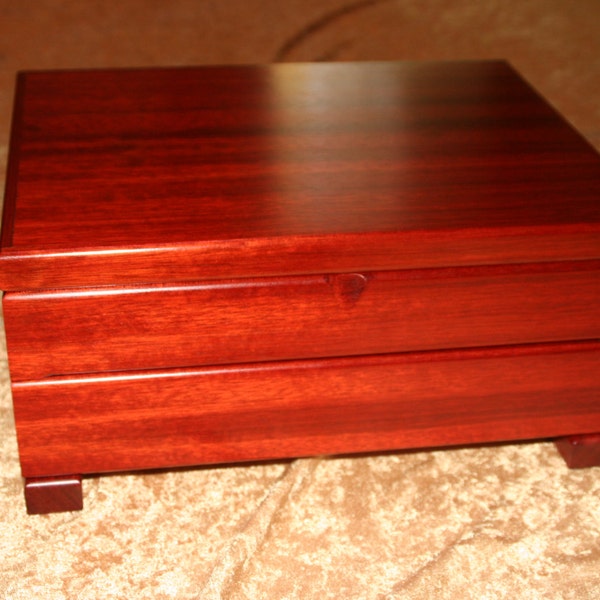 Hand Made Blood wood Jewelry, Keepsake box with hinged lid, ring bar and drawer. (JB0019)