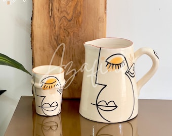 Handmade Ceramic Face Line Pitcher & Cups Set, Decorative Water Pitcher