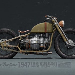 May include: A green and brown 1947 Indian Scout Bobber motorcycle with an ion drive propulsion system. The motorcycle has a large front wheel and a smaller rear wheel. The motorcycle is a prototype and has the text "Indian Motorcycle" and "PROTOTYPE" on it.