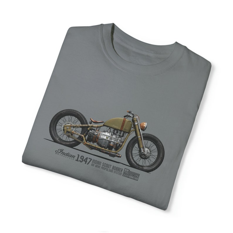 Arte conceptual de la camiseta de la motocicleta militar india, bobber explorador indio, propulsión Ion Drive, Cafe Racer, regalo de motociclista, prototipo de motocicleta Grey