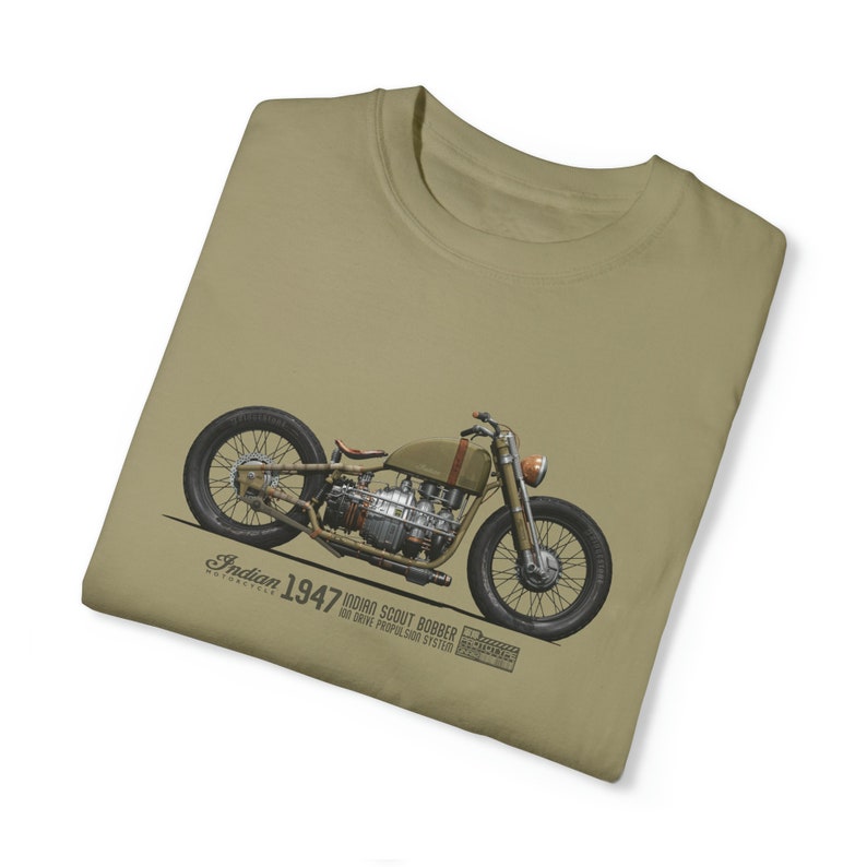 Arte conceptual de la camiseta de la motocicleta militar india, bobber explorador indio, propulsión Ion Drive, Cafe Racer, regalo de motociclista, prototipo de motocicleta Khaki