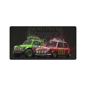 May include: Two vintage Mini Cooper cars, one green and one red, are shown on a black background. The green Mini Cooper has a Mountain Dew logo on the side and the red Mini Cooper has the number 177 on the side. Both cars have roof racks and are facing forward.