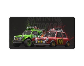 Mini Cooper Rally and Mini Cooper Monster Truck Desk Mats, Custom art, 3D rendering, large mouse pad