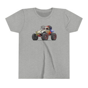 May include: A grey t-shirt with a cartoon image of a white, yellow, red, and blue dune buggy with the number "2421" on the side.