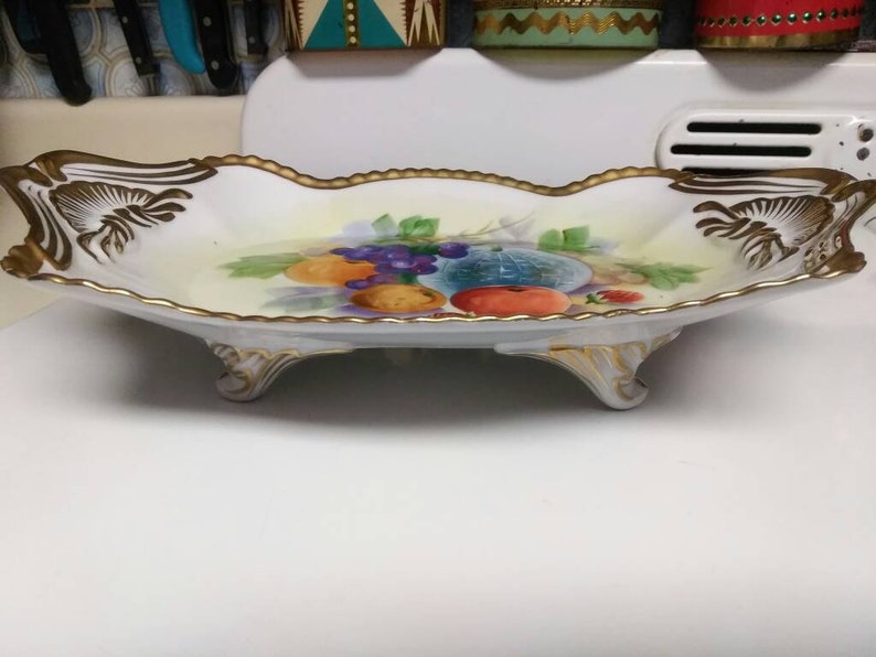 Unusual vintage footed decorative dish with fruit motif and gold detailing