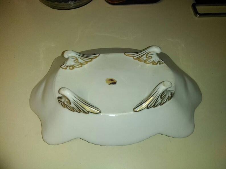Unusual vintage footed decorative dish with fruit motif and gold detailing