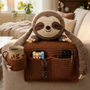 May include: A brown crochet sloth armrest organiser draped over a sofa arm. The sloth has a round face, long arms, and a cup holder attachment. The organiser features two pockets containing a smartphone, a remote control, and spectacles.