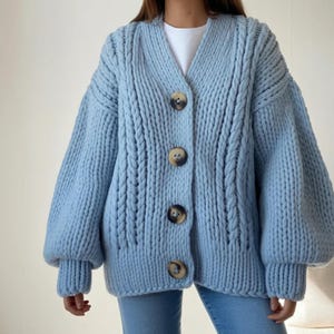 Oversized Blue Chunky Knit Cardigan, Cable Knit Sweater, Acrylic Blend, Loose Fit Button Up