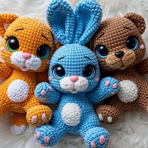 Puede incluir: Tres animales de peluche de ganchillo hechos a mano: un gato naranja, un conejito azul y un oso marrón. Cada uno tiene ojos grandes y expresivos, detalles blancos y narices rosas. Los juguetes son suaves y tiernos, ideales para niños.