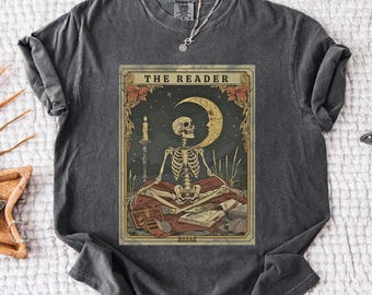 The Reader Tarot Card Comfort Colors® Shirt, Skeleton Reading Shirt, Unisex Tarot Card Shirt, Book Lover Gift, Bookish Gift,Tarot Lover Gift