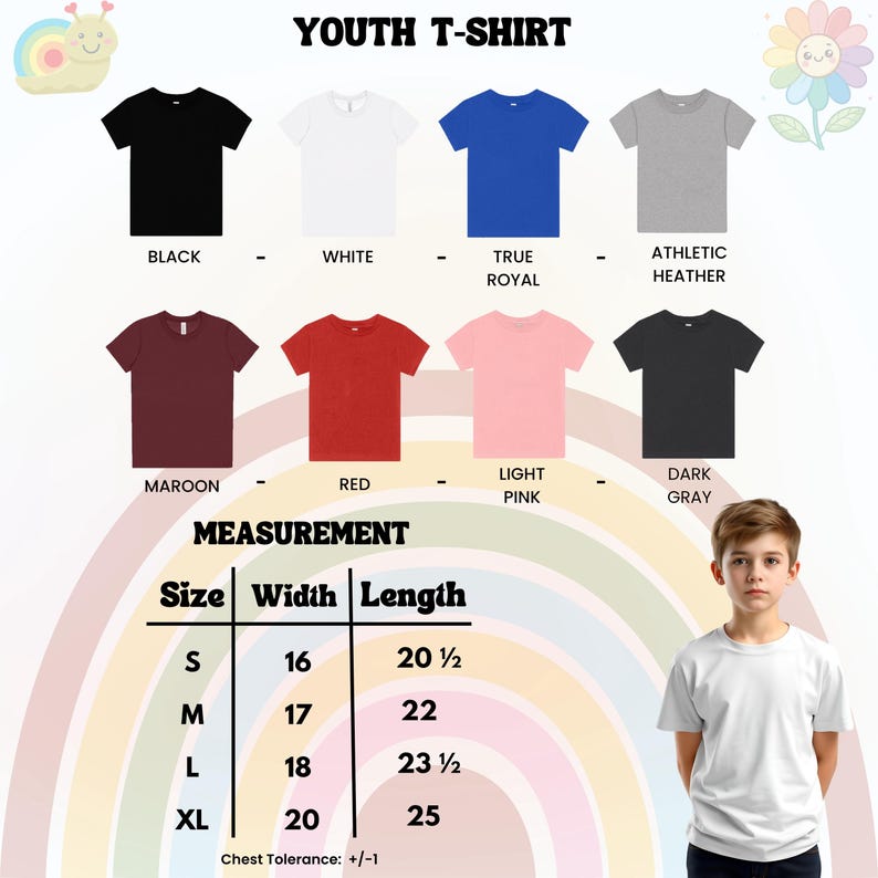 May include: A youth t-shirt color chart featuring black, white, true royal, athletic heather, maroon, red, light pink, and dark gray options. A measurement table lists sizes S, M, L, and XL with widths and lengths in inches. A child wears a white t-shirt.