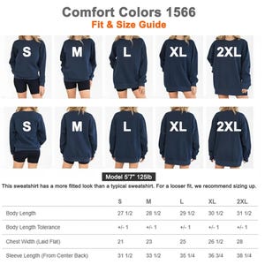 May include: Navy blue Comfort Colors 1566 sweatshirt size guide. The image shows front and back views of the sweatshirt in sizes S, M, L, XL, and 2XL. Measurements are provided in inches for body length, chest width, and sleeve length.