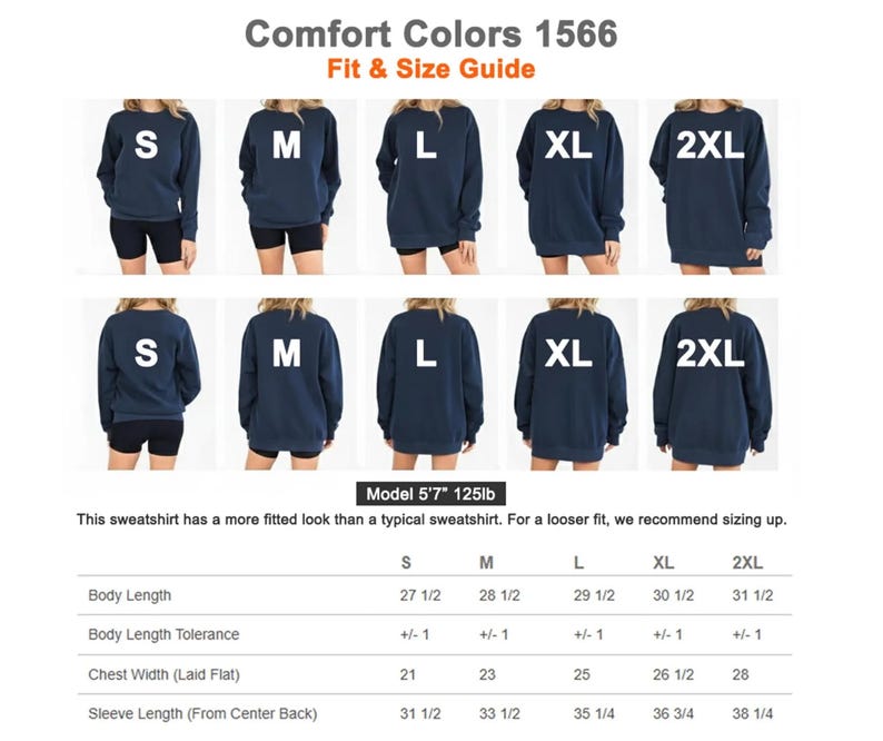 May include: Navy blue Comfort Colors 1566 sweatshirt size guide. The image shows front and back views of the sweatshirt in sizes S, M, L, XL, and 2XL. Measurements are provided in inches for body length, chest width, and sleeve length.