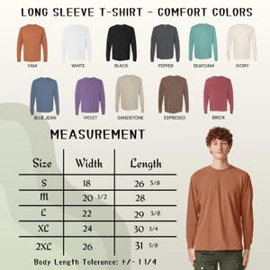May include: A long-sleeve t-shirt in a yam color is displayed, with a size chart showing measurements in inches. Additional colors include white, black, pepper, seafoam, ivory, blue jean, violet, sandstone, espresso, and brick.