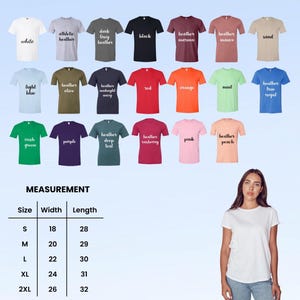 May include: A color chart featuring twenty t-shirts in various shades including white, athletic heather, dark grey heather, black, maroon, mauve, sand, light blue, olive, navy, red, orange, mint, royal, green, purple, teal, raspberry, pink, and peach.