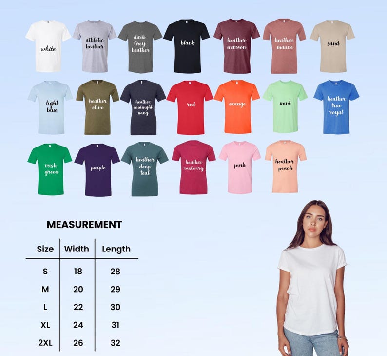 May include: A color chart featuring twenty t-shirts in various shades including white, athletic heather, dark grey heather, black, maroon, mauve, sand, light blue, olive, navy, red, orange, mint, royal, green, purple, teal, raspberry, pink, and peach.