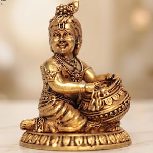 Ídolo de latón Makhan Chor Krishna de 10 cm, estatua del pequeño Krishna con olla de mantequilla, figura de latón hecha a mano, dios hindú, hogar espiritual