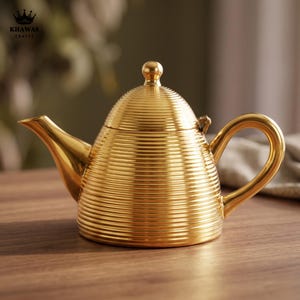 May include: A gold-coloured teapot featuring a horizontal ribbed texture across its entire body, a matching lid with a small spherical knob, a curved spout, and a handle. The text KHAWAS CRAFTS is visible in the upper left corner.