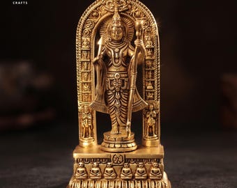 Brass Ram Lalla Idol 7 Inch, Lord Ram Statue with Arch Frame, Handcrafted Brass Sculpture, Hindu Spiritual Décor, Home Temple Figurine