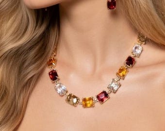 Vintage kristallen ketting oorbellen set, kleurrijke edelsteensieraden, elegante statementketting