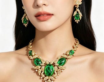 Vintage groene statement ketting set, bruidssieraden, gouden choker cadeau voor haar