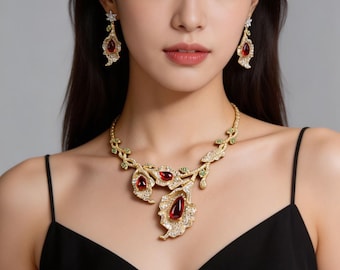 Rode kristallen zirkoon sieraden set ketting oorbellen luxe huwelijkscadeau voor vrouwen