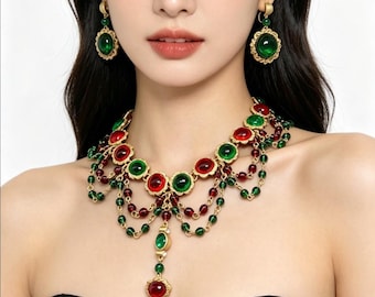 Vintage rood groen edelsteen statement ketting set gouden sieraden cadeau