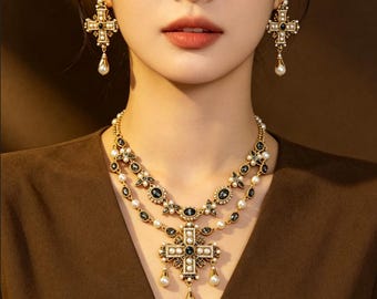 Gothic kruis sieraden set vintage parel statement ketting